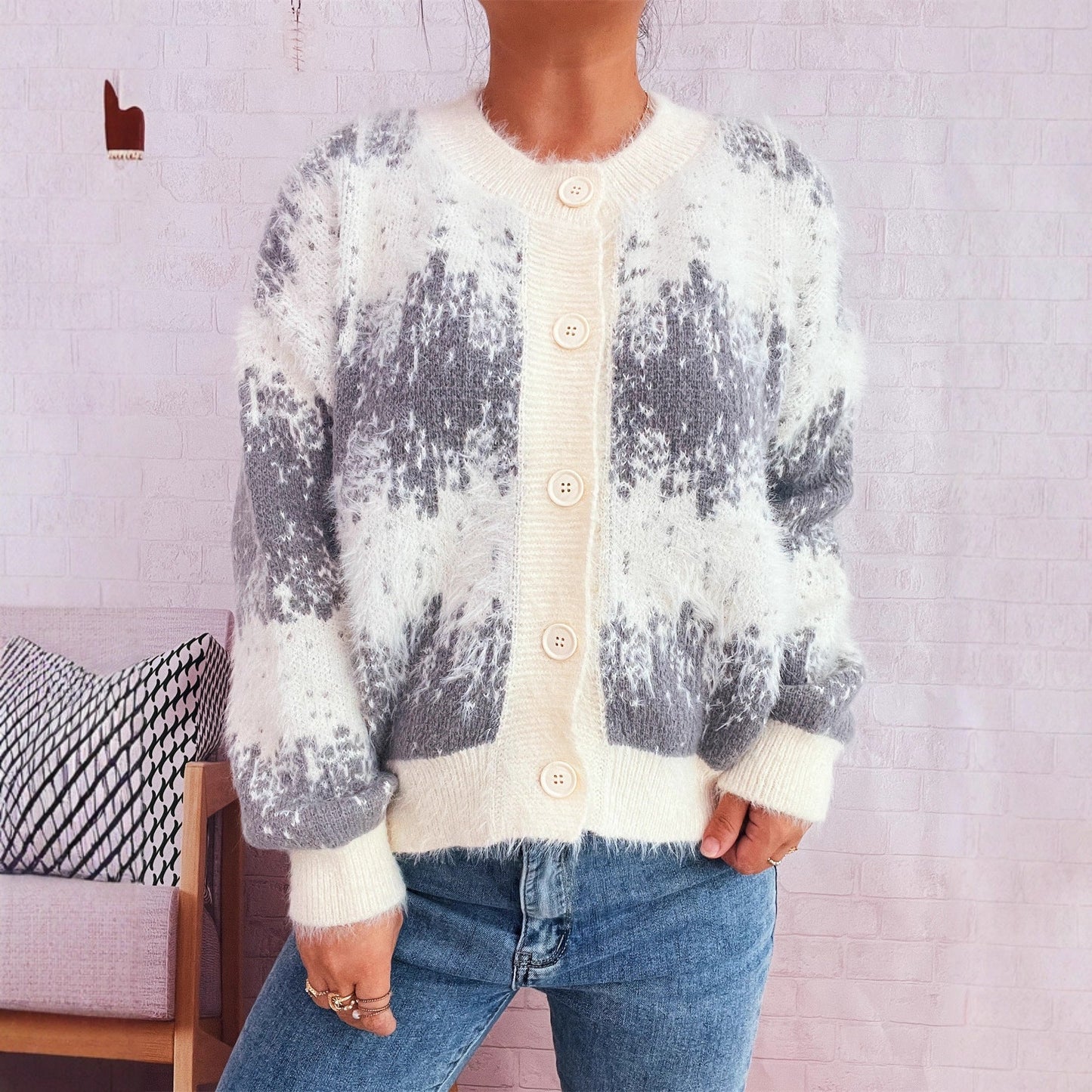 Damen Strickjacke Farbenfrohes Muster Eveloria