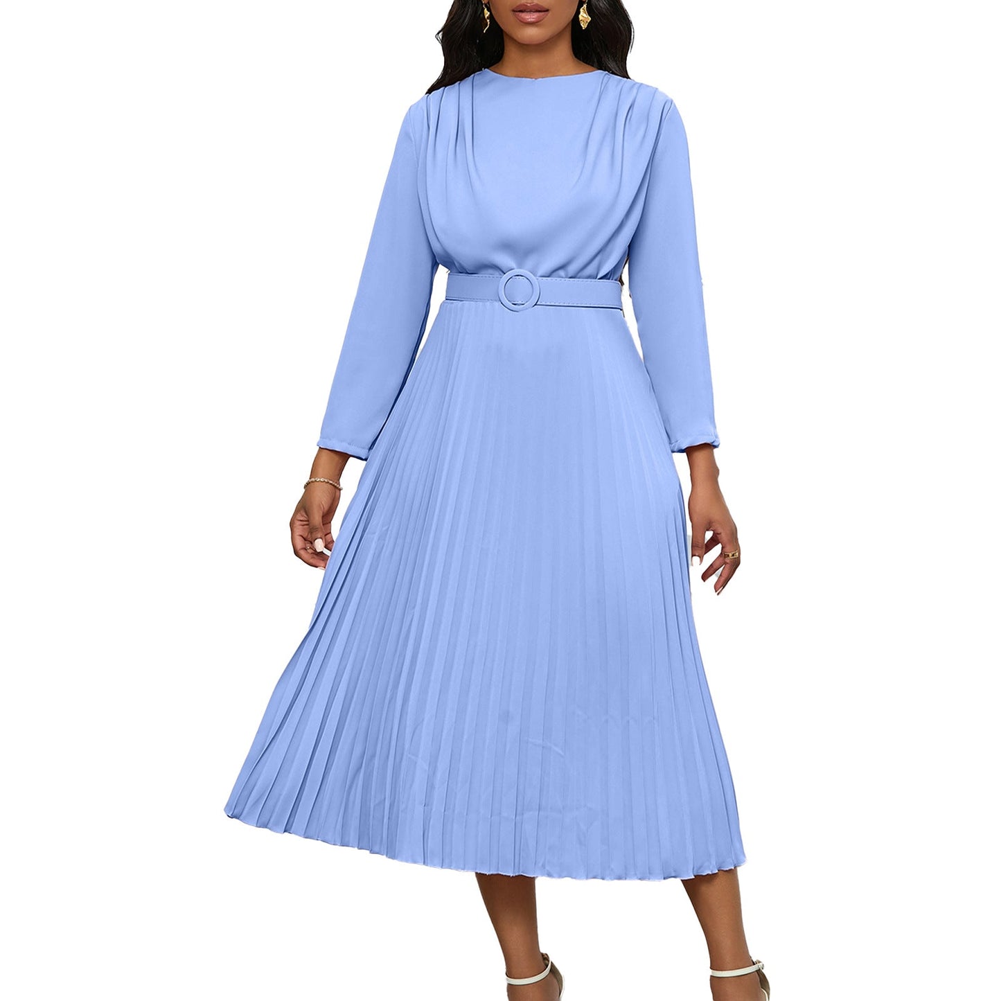 Damen Plisseekleid mit Gürtel und Falten Elegantes Damenkleid