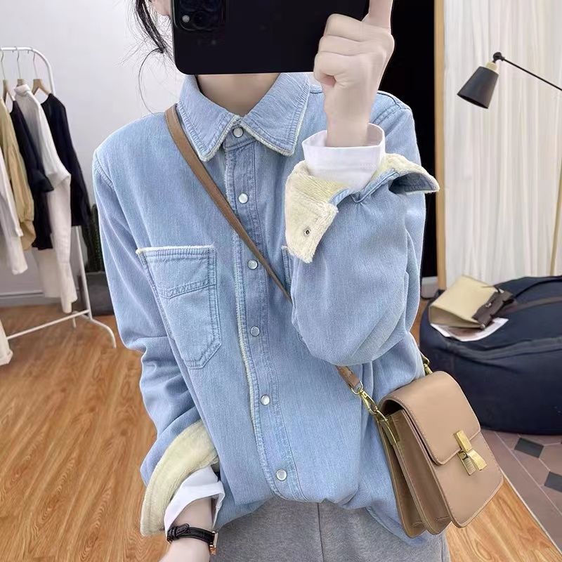 Damen Denim Bluse Kontrastkragen Blau