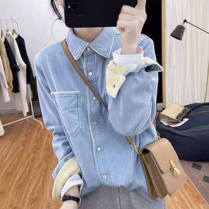 Damen Denim Bluse Kontrastkragen Blau