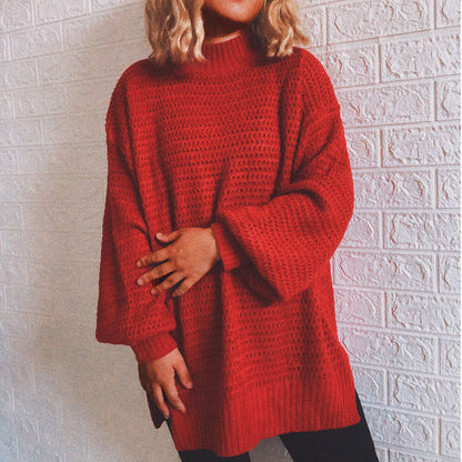 Damen Strickpullover Hochkragen Volumärmel Grau Eveloria