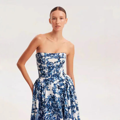 Damen Maxikleid Blütenmuster Schulterfrei Eveloria