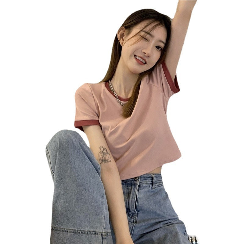 Damen T-Shirt Cropped mit Kontrastärmeln Moderner Schnitt