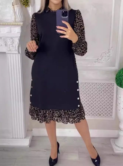 Damen Kleid Rüschendetails Knopfverzierung