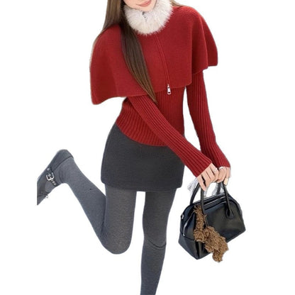 Damen Strickcape mit abnehmbarem Pelzkragen