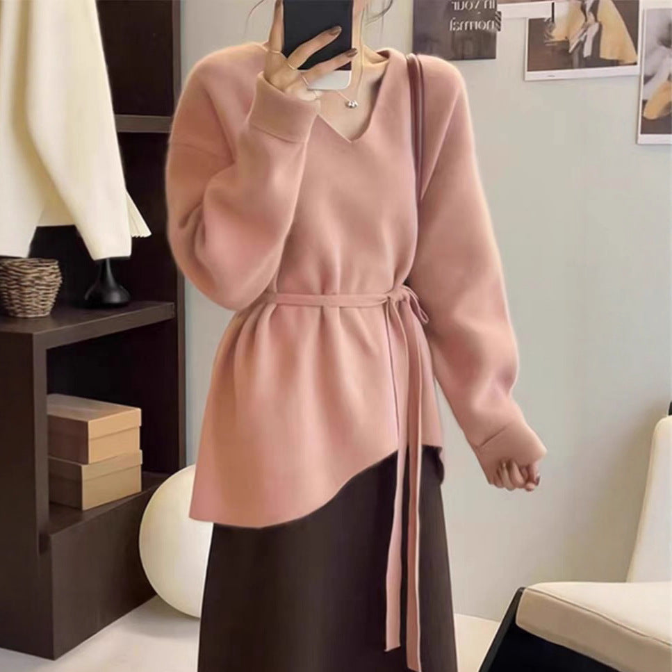 Damen Strickjacke V-Ausschnitt Taillengürtel Eveloria