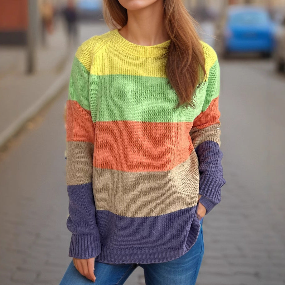 Damen Strickpullover Gestreift Bunt Lässig
