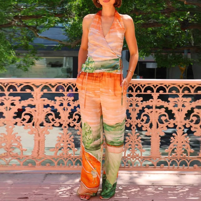 Damen Jumpsuit V-Ausschnitt mit Bindegürtel Eveloria - Eveloria