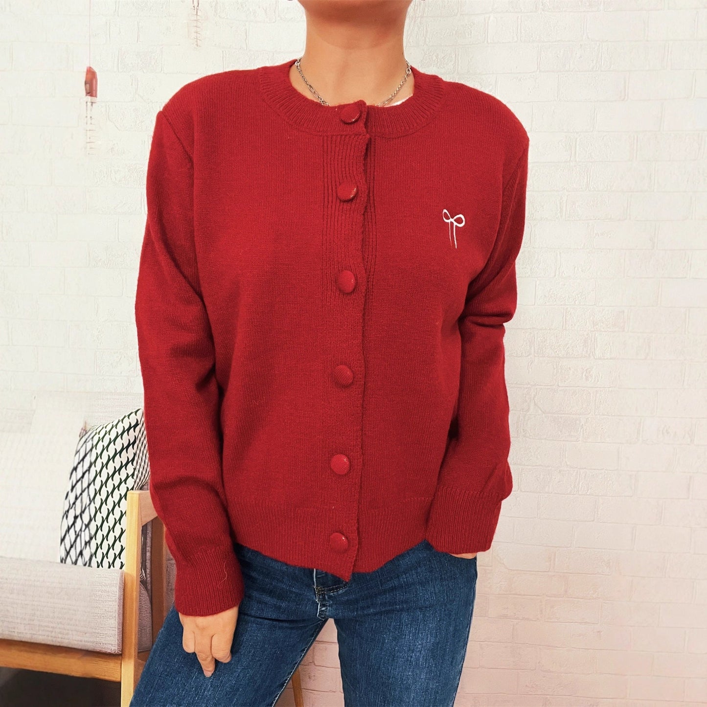 Damen Strickjacke Feine Struktur Verspielte Knöpfe Beige