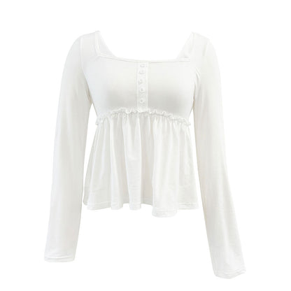 Damen Langarmshirt Quadratischer Ausschnitt Rüschensaum Elegantes