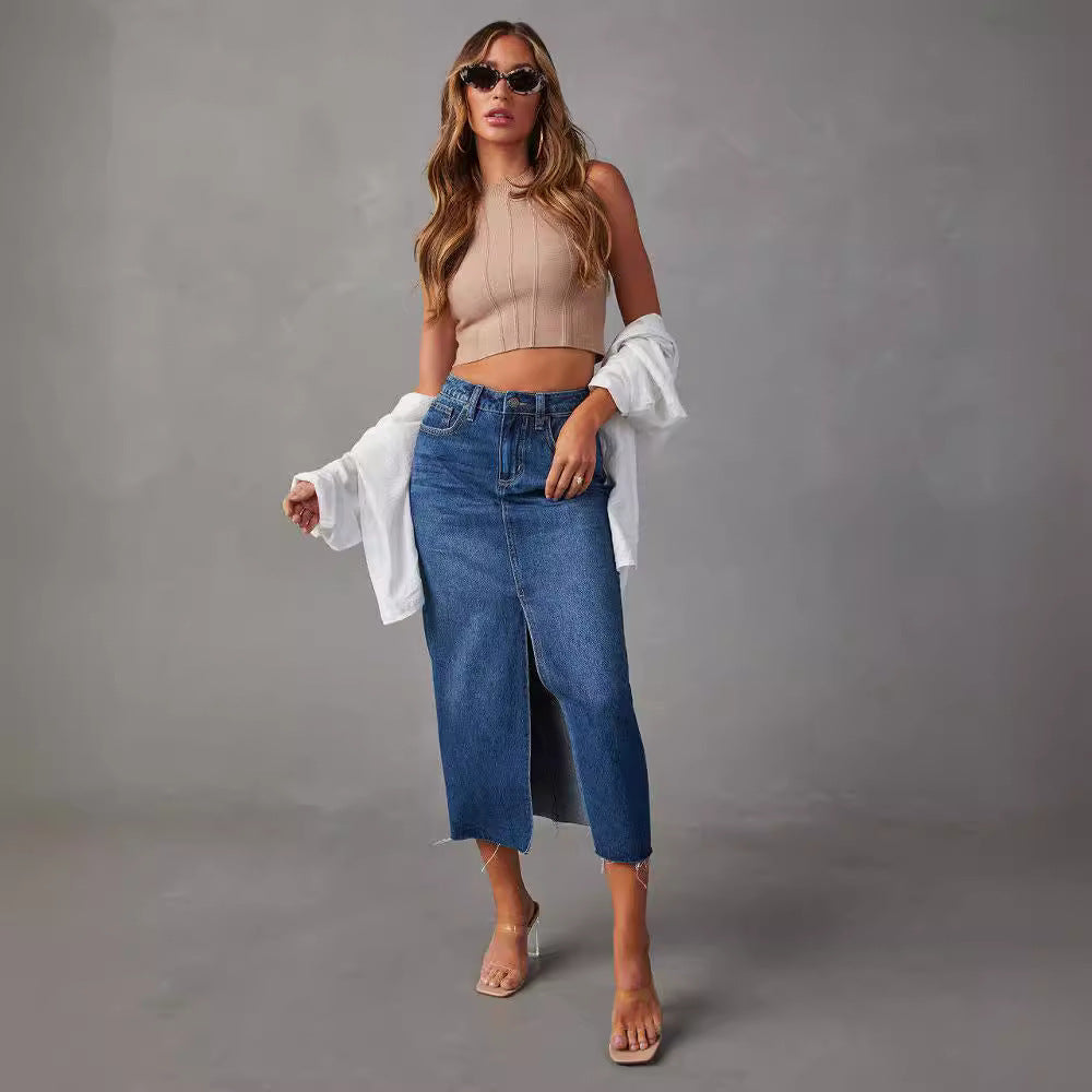 Damen Bleistiftkleid Jeans Hochgeschnitten Seitlichem Schlitz Blau