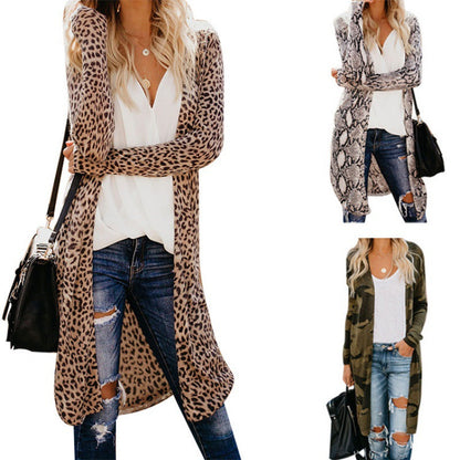 Damen Cardigan Leopardenmuster Offener Schnitt Lang