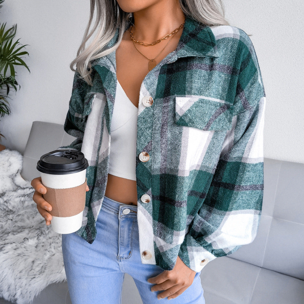 Damen Karo Overshirt mit Druckknöpfen und Brusttaschen