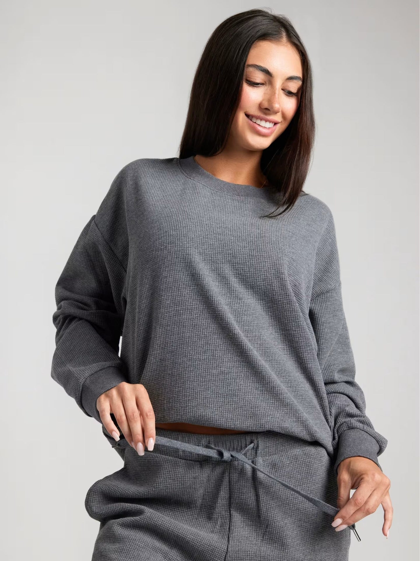 Damen Sweatshirt Waffelmuster Bequem Grau Eveloria