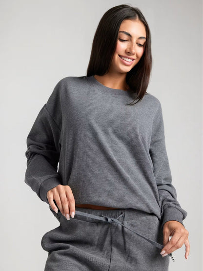 Damen Sweatshirt Waffelmuster Bequem Grau Eveloria