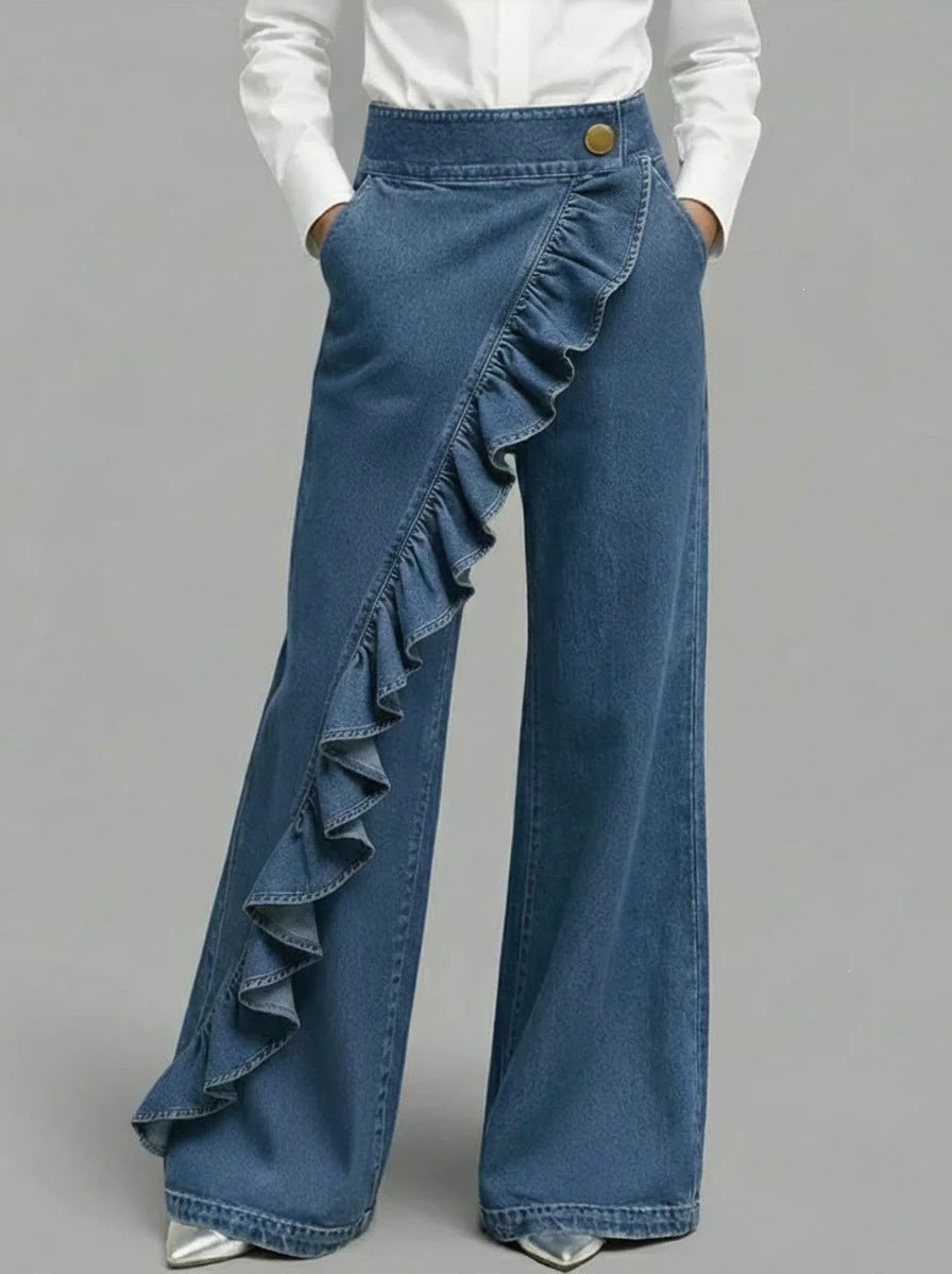 Damen Weite Jeanshose Rüschendetail Eveloria