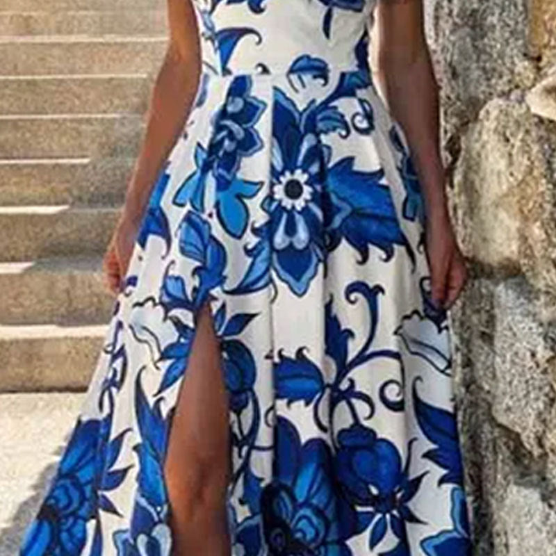 Damen Maxikleid Floralmuster Hochschlitz Eveloria
