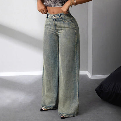 Damen High-Waist Jeans Vintage-Stil Weite Bein Lässig Blau