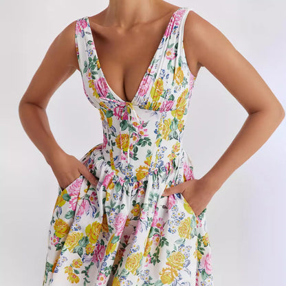Damen Midikleid Floralmuster V-Ausschnitt Eveloria