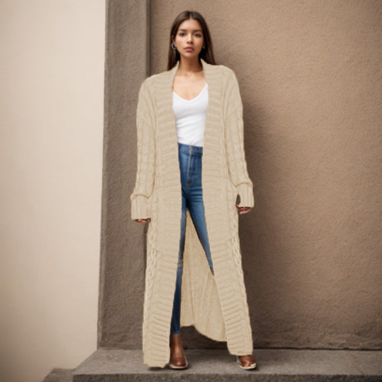 Damen Strickcardigan Lang Zopfmuster