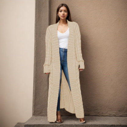 Damen Strickcardigan Lang Zopfmuster