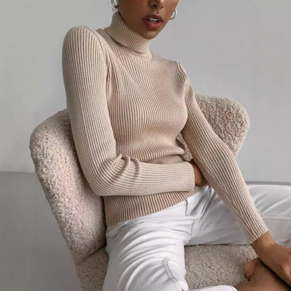 Damen Pullover Lang Hohler Kragen Feine Rippenstruktur Beige - Eveloria