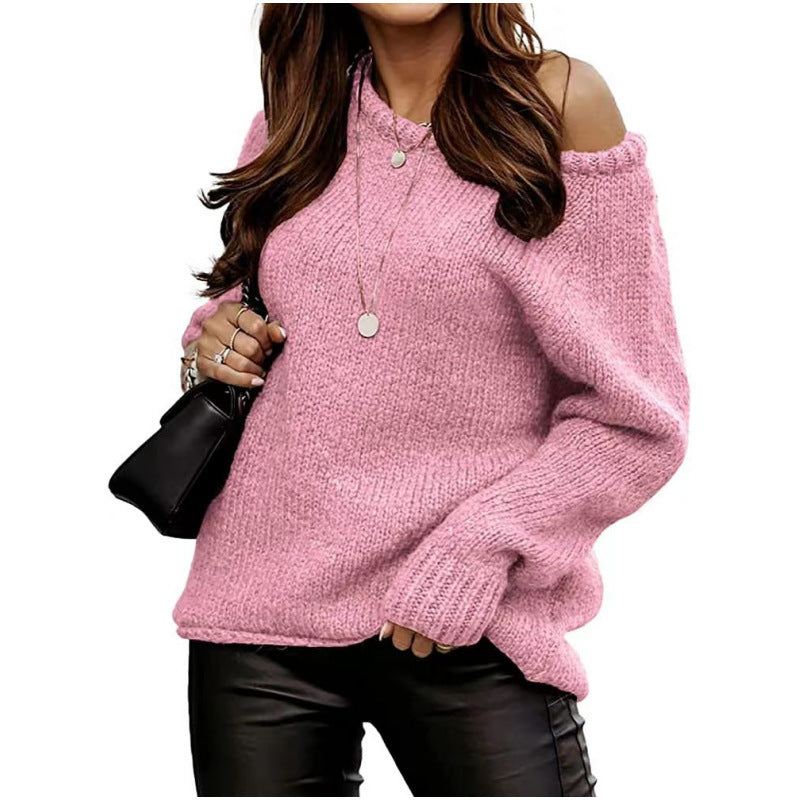 Damen Strickpullover Schulterfrei Oversized Beige