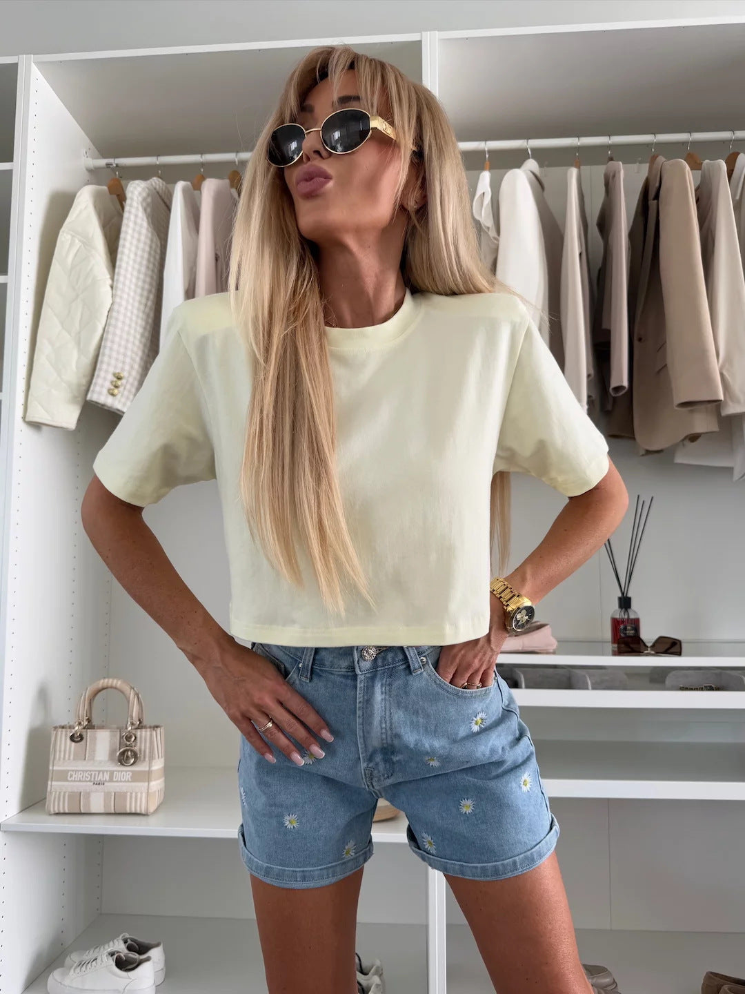 Damen T-Shirt Leopardenmuster Kurzarm weiß