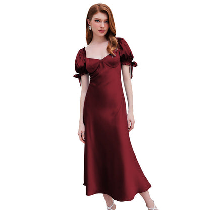 Damen Midi-Kleid Puffärmel V-Ausschnitt Eveloria