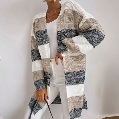 Damen Strickcardigan Lässiges Streifenmuster Offener Schnitt Beige