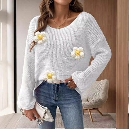 Damen Strickpullover Florales 3D-Design Weite Ärmel