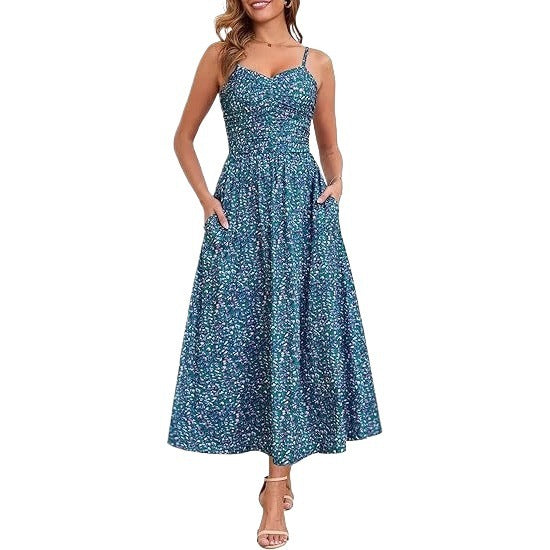 Damen Maxikleid Schmale Träger Baumwolle Mit Seitentaschen Beige