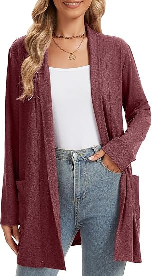 Damen Langarm-Cardigan Offene Front Taschen Beige
