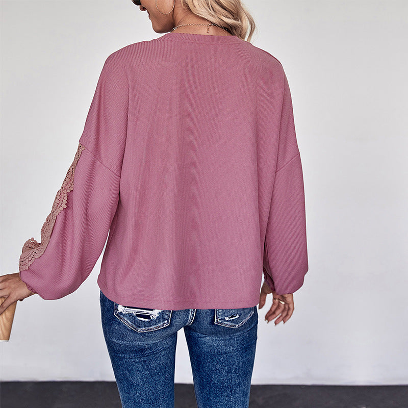 Damen Bluse Spitze V-Ausschnitt Eveloria