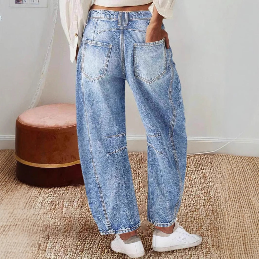 Damen Jeans Weit Vintage Ausgefranster Saum Blau Eveloria