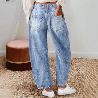 Damen Jeans Weit Vintage Ausgefranster Saum Blau Eveloria