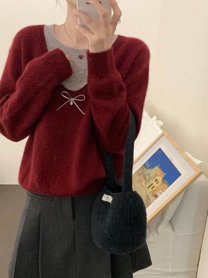 Damen Pullover V-Ausschnitt Schleifenapplikation Elegantes Design