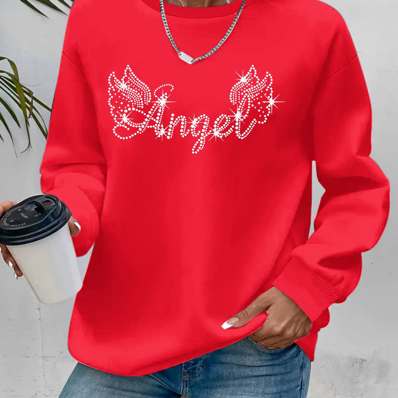 Damen Sweatshirt Glitzer Aufdruck Lässiger Schnitt Eveloria