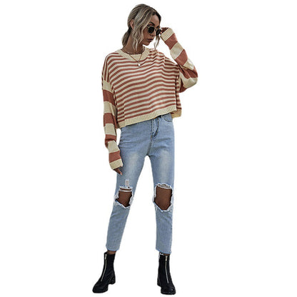 Damen Strickpullover Weit Lässig Streifenmuster