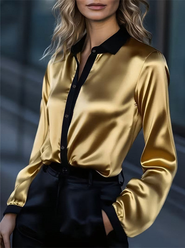 Eveloria Damen Satinbluse Kontrastkragen