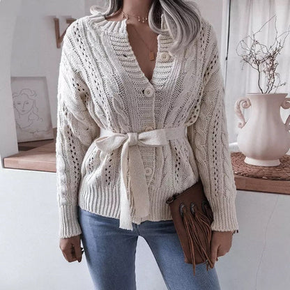 Damen Strickjacke Zopfmuster Taillengürtel Beige - Eveloria