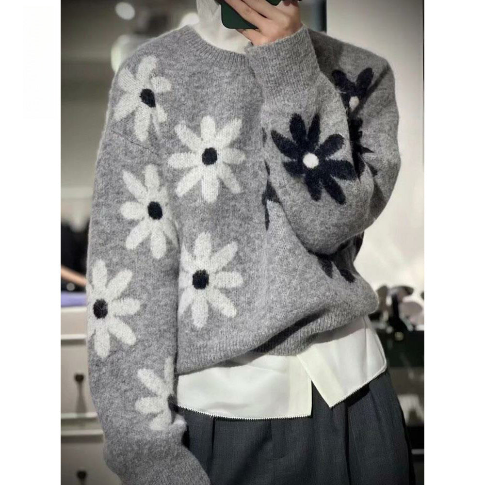 Damen Strickpullover Weiches Material Florales Muster Beige