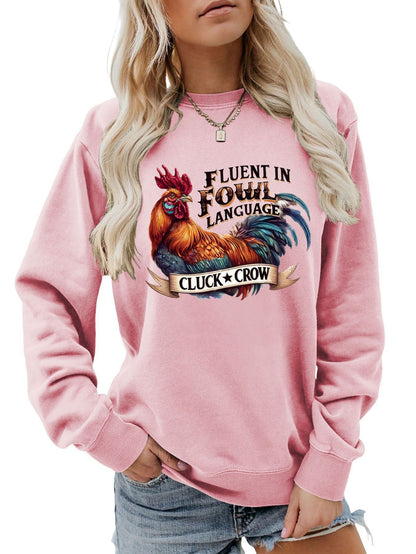Damen Sweatshirt Hühnermotiv Bequem Grau Eveloria