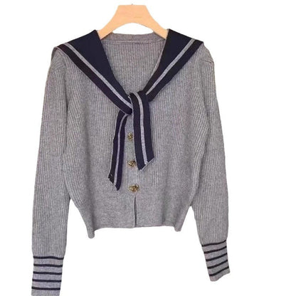 Damen Strickjacke Nautischer Kragen Dekorative Knöpfe Eveloria