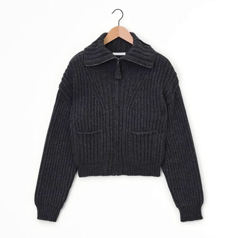Damen Grobstrickpullover Hochkragen Mit Taschen Beige