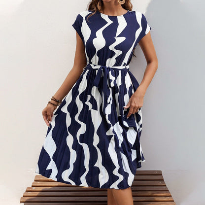 Damen Maxikleid Plissiert Muster Taillengürtel Eveloria