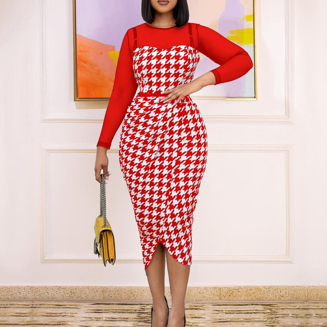 Damen Kleid Langarm Hahnentritt-Design Eveloria