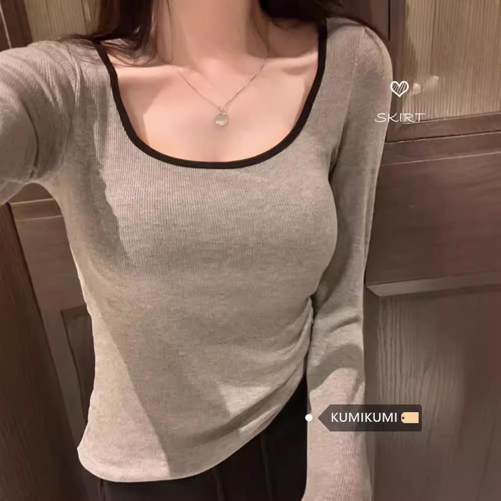 Damen Langarmshirt Kontrastausschnitt Eveloria - Eveloria