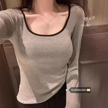 Damen Langarmshirt Kontrastausschnitt Eveloria - Eveloria