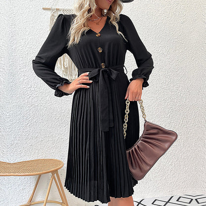 Damen Wickelkleid Plissee mit Knöpfen und Taillengürtel Eveloria
